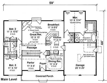 Country, One-Story, Ranch, Southern House Plan 24717 with 3 Beds, 2 Baths, 2 Car Garage First Level Plan