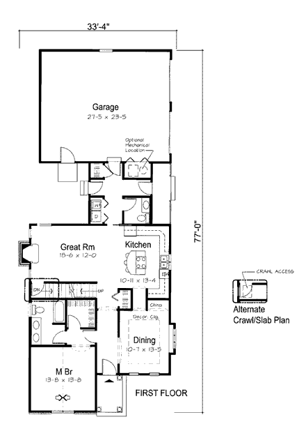 Bungalow, Country, Narrow Lot, Traditional House Plan 24731 with 3 Beds, 3 Baths, 2 Car Garage First Level Plan