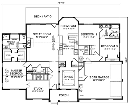 Country, One-Story, Ranch, Southern, Traditional House Plan 24750 with 3 Beds, 3 Baths, 2 Car Garage First Level Plan