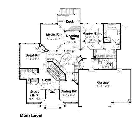 Bungalow, Country, European, One-Story, Traditional House Plan 24805 with 3 Beds, 3 Baths, 3 Car Garage First Level Plan