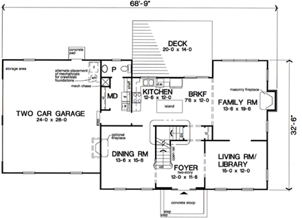 Colonial House Plan 24990 with 3 Beds, 3 Baths, 2 Car Garage First Level Plan