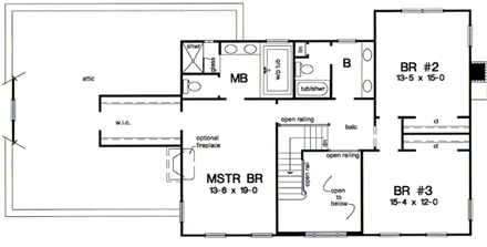 Colonial House Plan 24990 with 3 Beds, 3 Baths, 2 Car Garage Second Level Plan