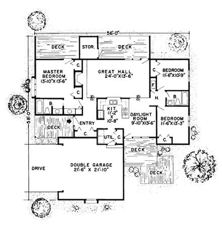 Contemporary, Ranch House Plan 26740 with 3 Beds, 2 Baths, 2 Car Garage First Level Plan