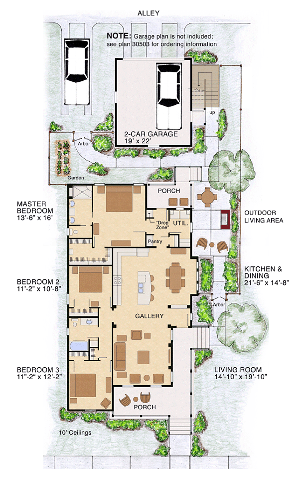 Bungalow, Cottage, Country House Plan 30502 with 3 Beds, 2 Baths, 2 Car Garage Level One