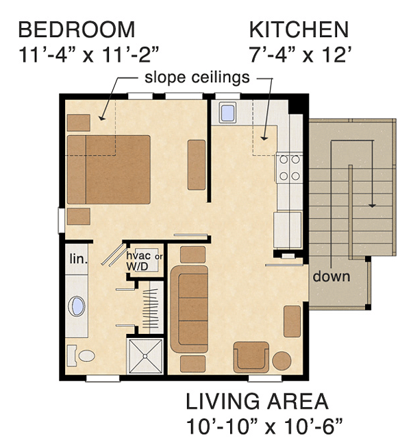 Bungalow, Cottage, Craftsman 2 Car Garage Apartment Plan 30503 with 1 Beds, 1 Baths Level Two