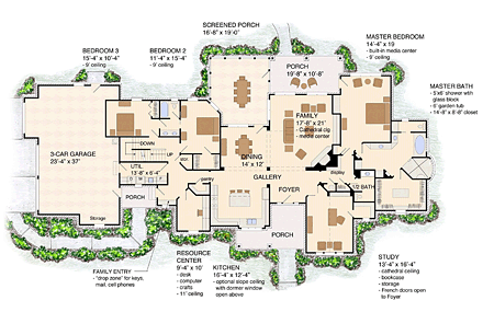 Craftsman, European, Farmhouse, Ranch House Plan 30507 with 3 Beds, 4 Baths, 3 Car Garage First Level Plan