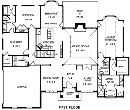 Colonial, European, One-Story House Plan 32252 with 3 Beds, 3 Baths, 2 Car Garage First Level Plan