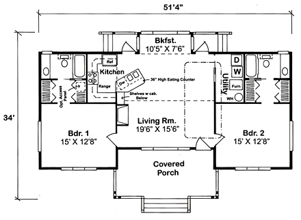 Bungalow, Cottage, Country, One-Story House Plan 32323 with 2 Beds, 2 Baths First Level Plan