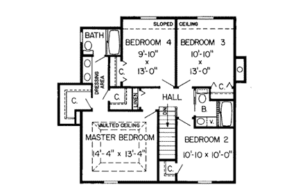 Country, Traditional House Plan 34027 with 4 Beds, 3 Baths, 2 Car Garage Second Level Plan