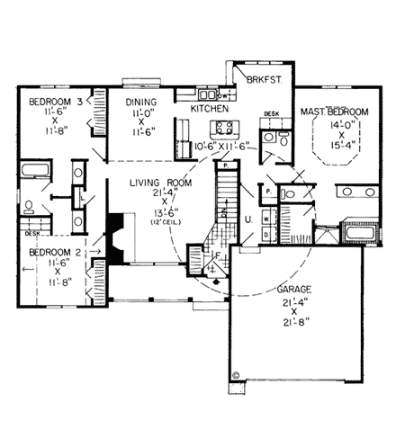 Country, One-Story, Ranch, Traditional House Plan 34031 with 3 Beds, 3 Baths, 2 Car Garage First Level Plan