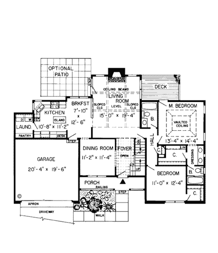 Bungalow, Country, Traditional House Plan 34049 with 4 Beds, 3 Baths, 2 Car Garage First Level Plan