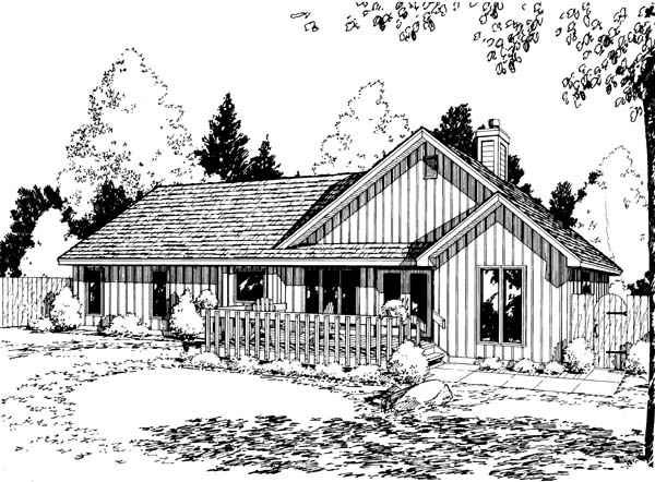 Ranch, Traditional Plan with 1492 Sq. Ft., 3 Bedrooms, 2 Bathrooms, 2 Car Garage Rear Elevation