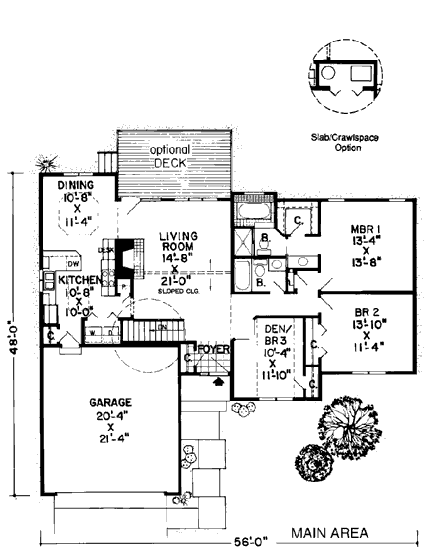 One-Story, Ranch House Plan 34154 with 3 Beds, 2 Baths, 2 Car Garage First Level Plan