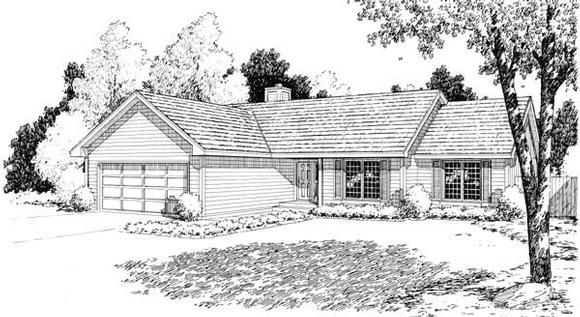 One-Story, Ranch House Plan 34154 with 3 Beds, 2 Baths, 2 Car Garage Elevation