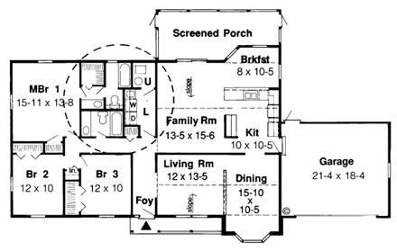 One-Story, Ranch, Traditional House Plan 34976 with 3 Beds, 2 Baths, 2 Car Garage First Level Plan