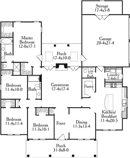 Colonial, Country, Southern House Plan 40014 with 4 Beds, 3 Baths, 2 Car Garage First Level Plan