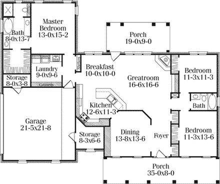 Colonial, Southern House Plan 40016 with 3 Beds, 2 Baths, 2 Car Garage First Level Plan