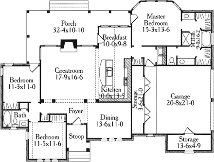 Bungalow, European House Plan 40017 with 3 Beds, 2 Baths, 2 Car Garage First Level Plan