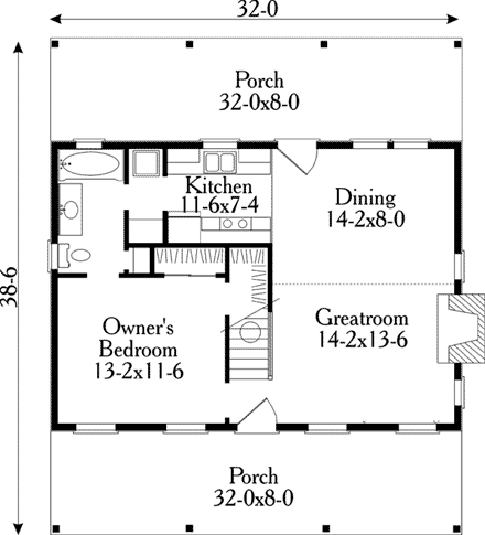Cabin, Country, Southern House Plan 40025 with 2 Beds, 1 Baths First Level Plan