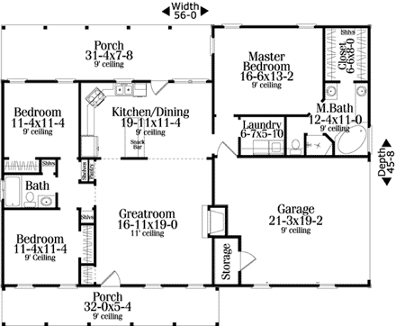 Country, Ranch House Plan 40026 with 3 Beds, 2 Baths, 2 Car Garage First Level Plan