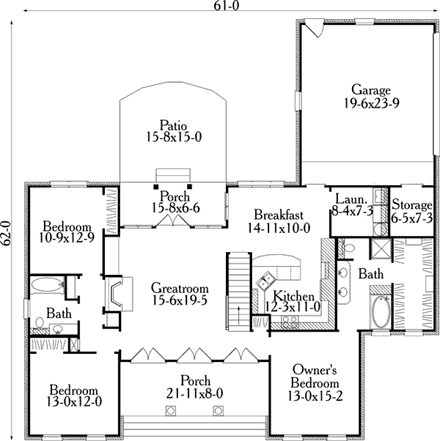 Colonial House Plan 40030 with 3 Beds, 2 Baths, 2 Car Garage First Level Plan