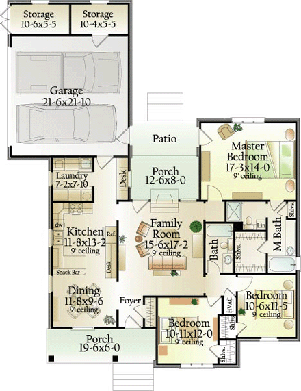 Traditional House Plan 40036 with 3 Beds, 2 Baths, 2 Car Garage First Level Plan