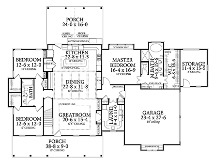 Country, Farmhouse, Southern House Plan 40045 with 3 Beds, 2 Baths, 2 Car Garage First Level Plan