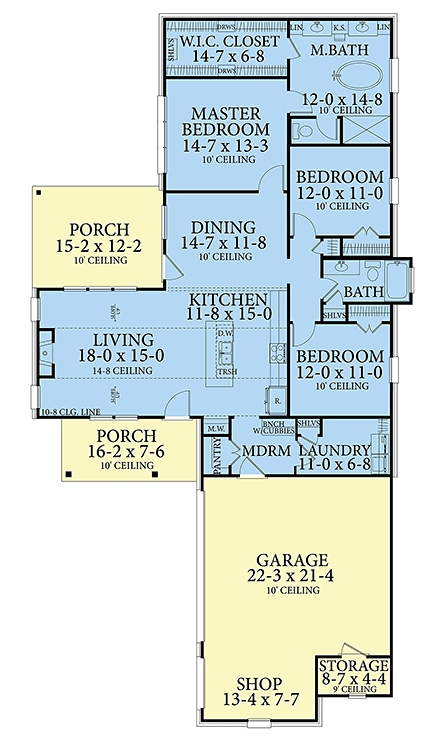 Cottage, Country, Farmhouse, French Country, Southern, Traditional House Plan 40047 with 3 Beds, 2 Baths, 2 Car Garage First Level Plan