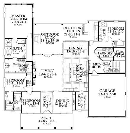 Country, Farmhouse, French Country, Southern, Traditional House Plan 40051 with 4 Beds, 3 Baths, 2 Car Garage First Level Plan