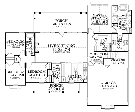 Country, Farmhouse, Ranch, Southern House Plan 40053 with 4 Beds, 2 Baths, 2 Car Garage First Level Plan