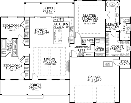 Cottage, Country, Farmhouse, Ranch, Southern, Traditional House Plan 40055 with 3 Beds, 3 Baths, 2 Car Garage First Level Plan