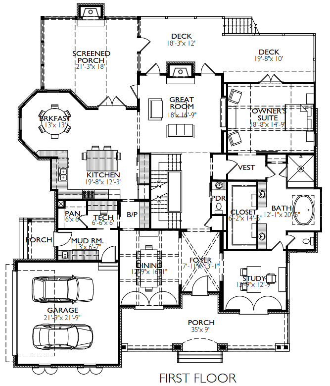Tudor House Plan 40100 with 5 Beds, 6 Baths, 2 Car Garage Level One