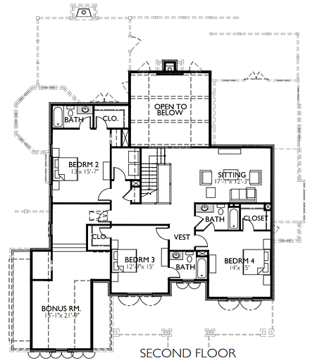 Tudor House Plan 40100 with 5 Beds, 6 Baths, 2 Car Garage Second Level Plan