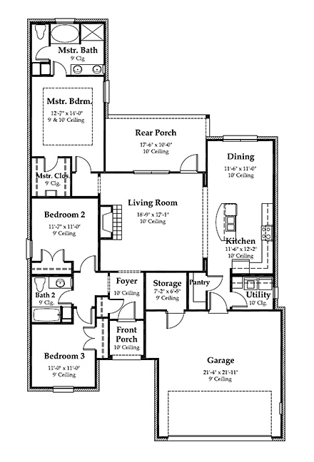 European House Plan 40302 with 3 Beds, 2 Baths, 2 Car Garage First Level Plan