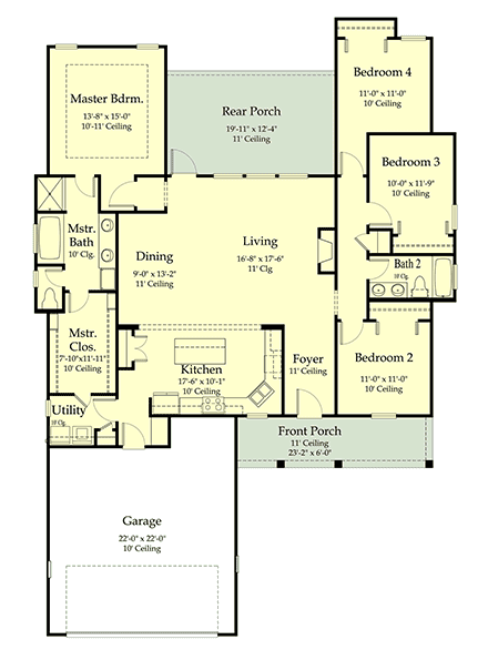Farmhouse House Plan 40349 with 4 Beds, 2 Baths, 2 Car Garage First Level Plan