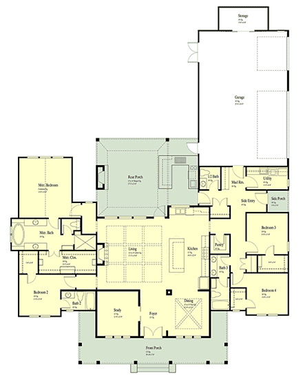 Farmhouse House Plan 40365 with 4 Beds, 4 Baths, 3 Car Garage First Level Plan