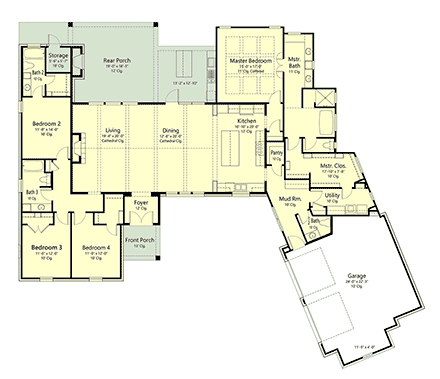 Farmhouse House Plan 40366 with 4 Beds, 4 Baths, 2 Car Garage First Level Plan