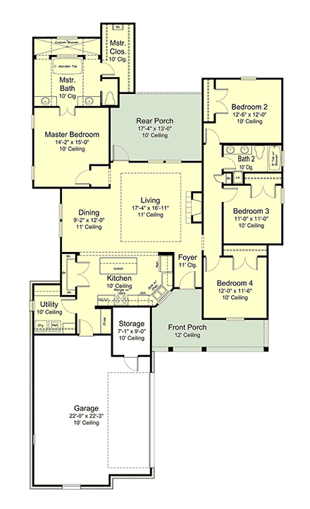 Acadian, Cottage, Southern House Plan 40387 with 4 Beds, 2 Baths, 2 Car Garage First Level Plan