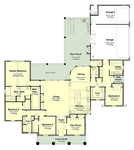 Acadian, Colonial, French Country, Southern House Plan 40388 with 4 Beds, 4 Baths, 3 Car Garage First Level Plan