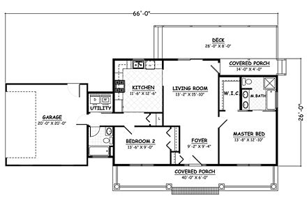 Country, Ranch, Southern House Plan 40623 with 2 Beds, 2 Baths, 2 Car Garage First Level Plan