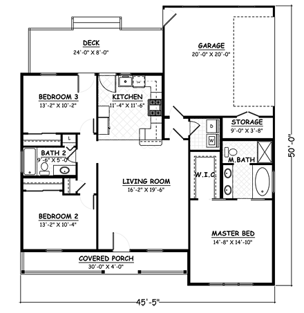 Ranch, Traditional House Plan 40624 with 3 Beds, 2 Baths, 2 Car Garage First Level Plan
