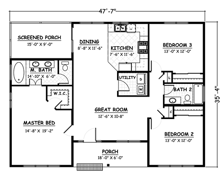 House Plan 40628 - Traditional Style with 1438 Sq Ft, 3 Bed, 2 Ba