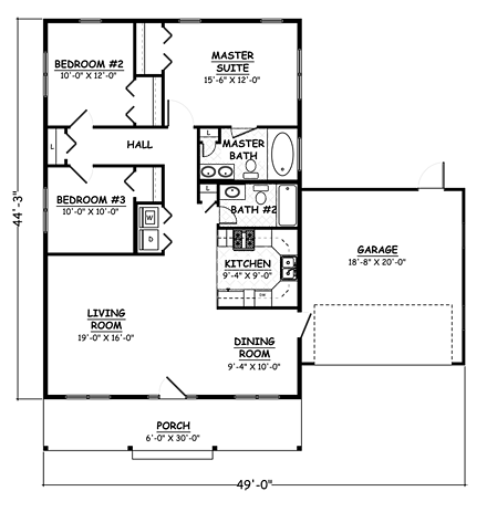 Ranch House Plan 40630 with 3 Beds, 2 Baths, 2 Car Garage First Level Plan