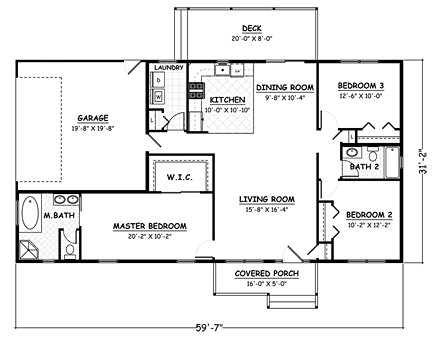 Ranch House Plan 40641 with 3 Beds, 2 Baths, 2 Car Garage First Level Plan
