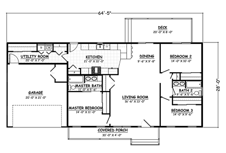 Ranch House Plan 40646 with 3 Beds, 2 Baths, 2 Car Garage First Level Plan