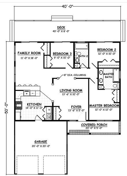 Ranch, Traditional House Plan 40647 with 3 Beds, 2 Baths, 2 Car Garage First Level Plan