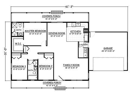 Ranch House Plan 40670 with 3 Beds, 2 Baths, 2 Car Garage First Level Plan