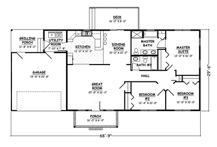 Ranch House Plan 40680 with 3 Beds, 2 Baths, 2 Car Garage First Level Plan