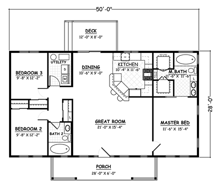 Country, Ranch House Plan 40686 with 3 Beds, 2 Baths First Level Plan