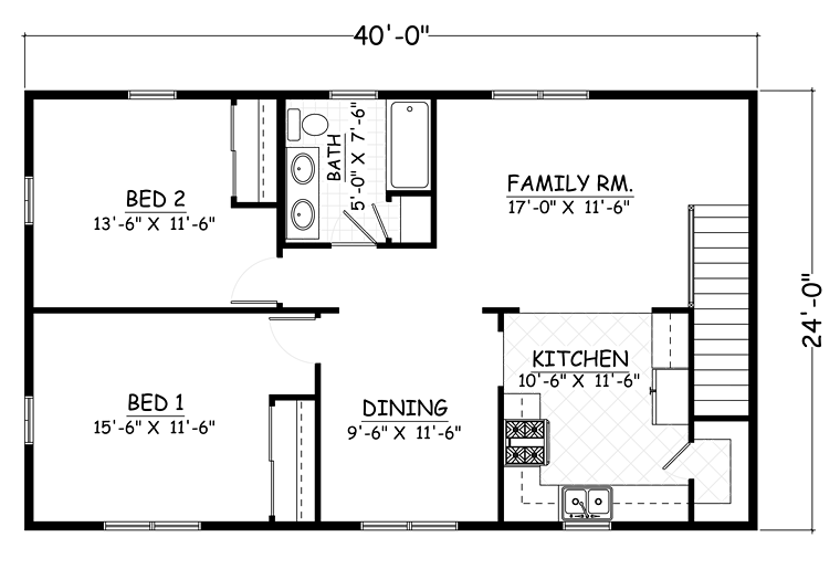 Garage-Living Plan 40694 with 2 Beds, 1 Baths, 2 Car Garage Level Two